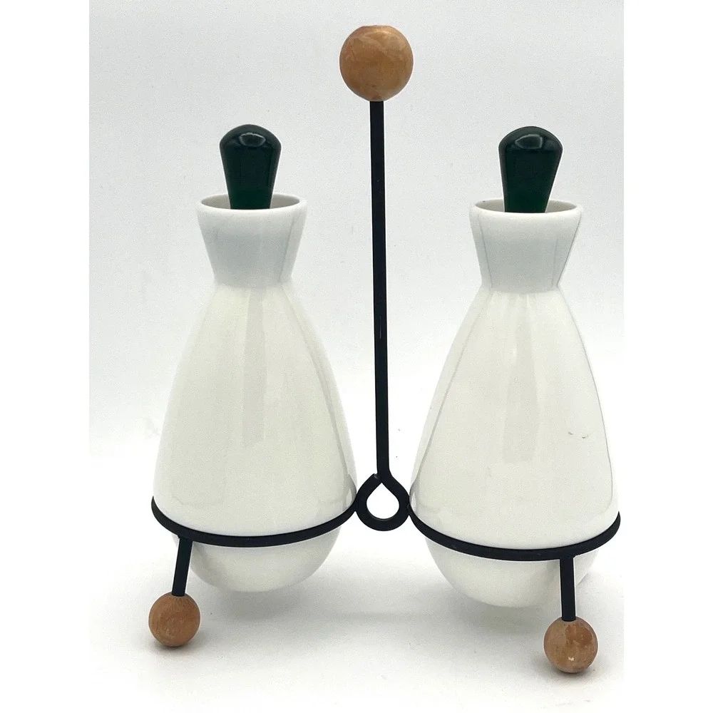 Vtg 1950's Fenton Condiment oil & Vinegar Set‎ Emerald Crest wrought iron stand
